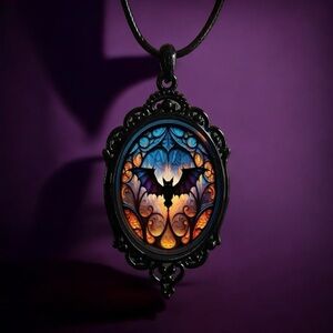 Vintage Style Bat Cameo‎ Pendant Necklace Gothic Halloween Faux Fashion Jewelry